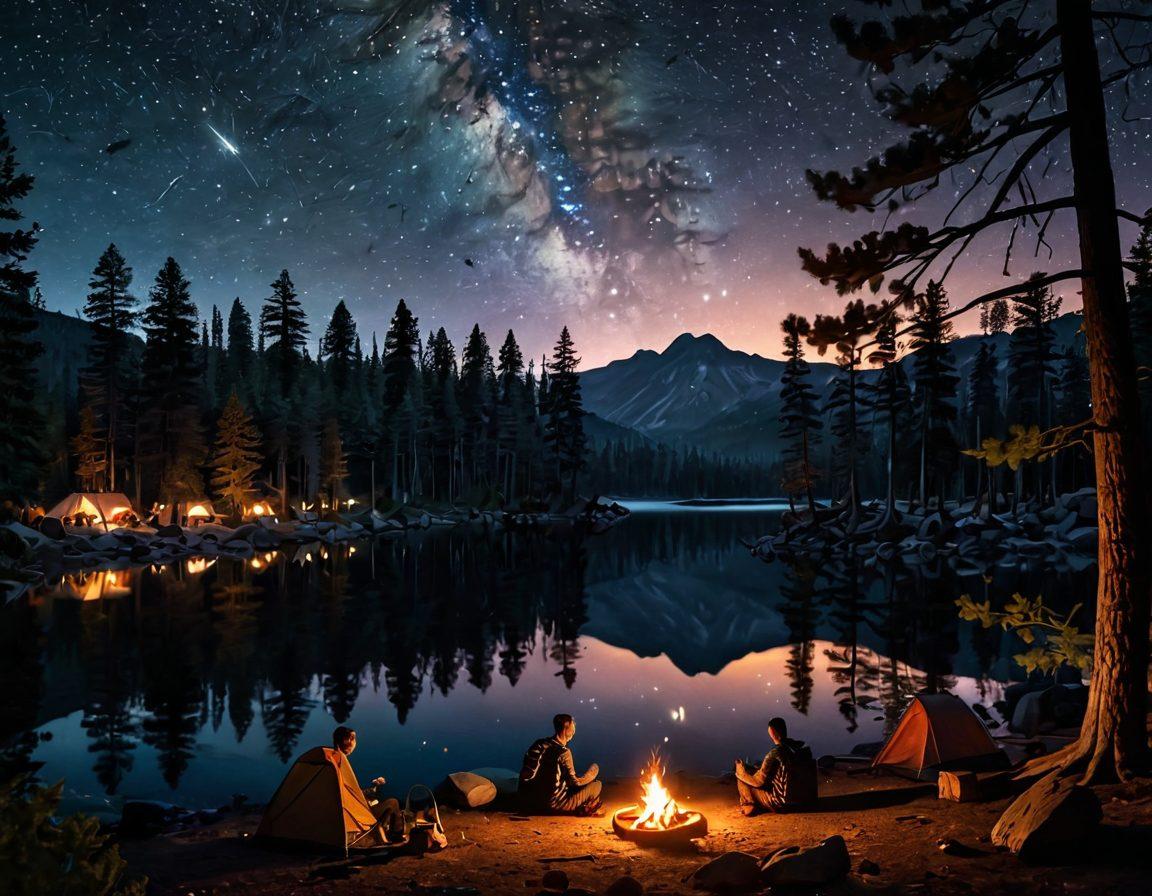 A serene wilderness scene showcasing a cozy campfire surrounded by tents under a starry night sky, with silhouettes of pine trees and mountains in the background. A group of diverse campers enjoying storytelling and laughter, with glowing lanterns hanging from the trees. Include a picturesque lake reflecting the moonlight. vibrant colors. 3D.