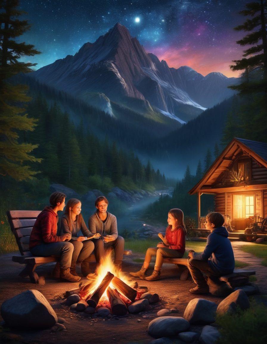 A cozy family gathered around a crackling campfire, sharing stories under a starry sky, with a backdrop of magnificent mountains and lush forests. The scene captures the warmth and connection of outdoor family activities, showcasing kids roasting marshmallows, glowing firelight on their faces, and playful wildlife nearby. Inviting atmosphere with vibrant colors and a celestial night sky. super-realistic. vibrant colors. whimsical elements.
