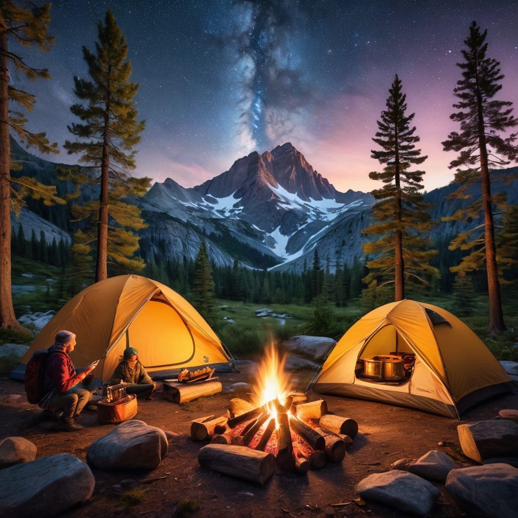 A breathtaking wilderness scene showcasing a vibrant campsite with a cozy tent, a crackling campfire, and essential camping supplies like backpacks, cooking gear, and a map. The background features majestic mountains and tall pine trees under a starry sky, evoking a sense of adventure and tranquility. Include a family enjoying s'mores and laughter around the fire, emphasizing the joy of outdoor experiences. super-realistic. vibrant colors. 3D.